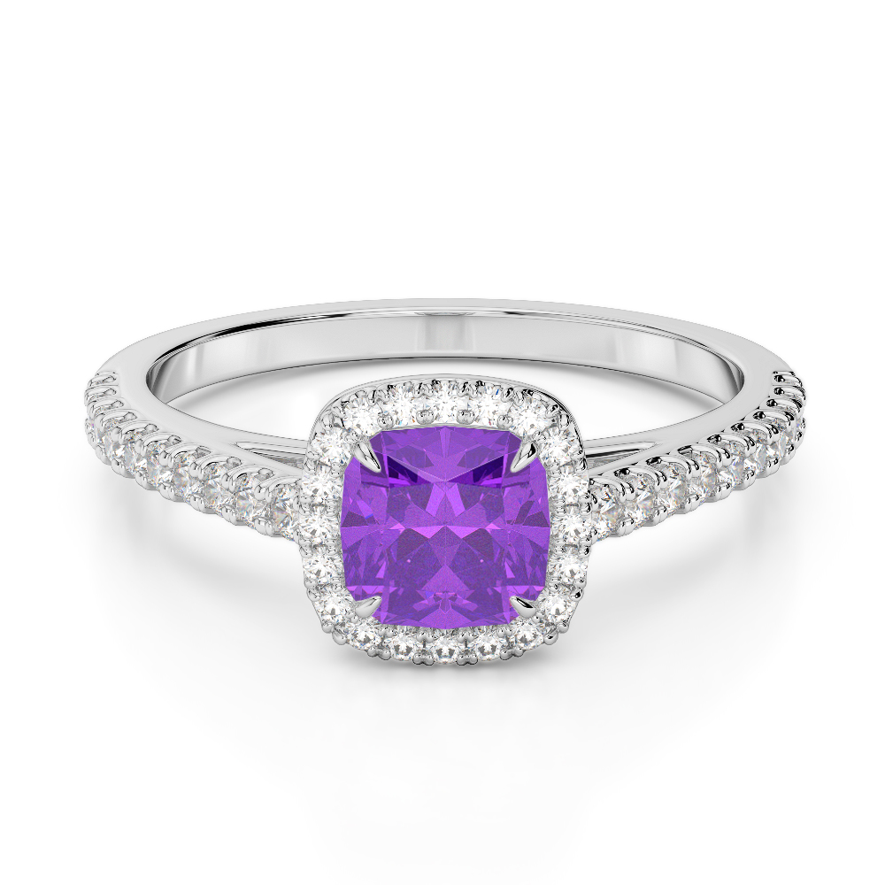 Gold / platinum round and cushion cut amethyst and diamond engagement ...