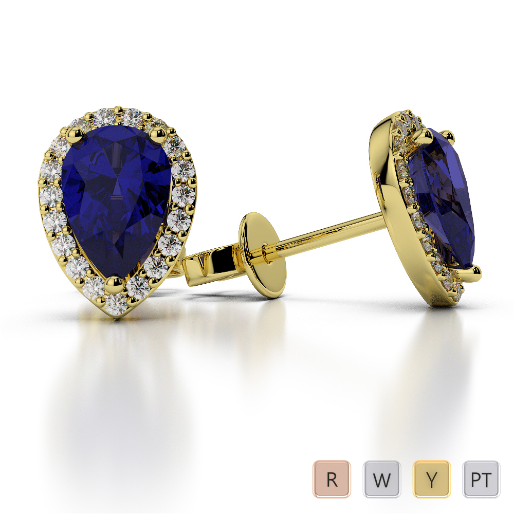 Pear shape blue sapphire and diamond earrings in gold platinum  